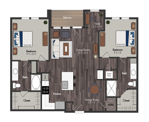 Floor plan for 2 beds, 2 baths, 1177 sqft